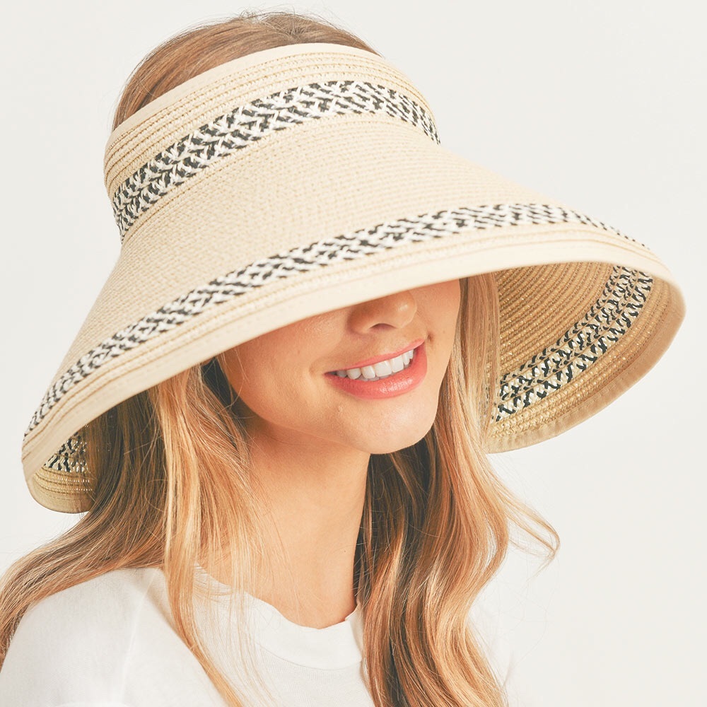 Beige and Black Visor Straw Sun Hat